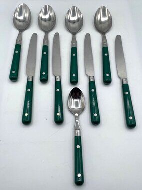 9 pc Flatware Stainless Steel Farberware Hunter Green Plastic Handle